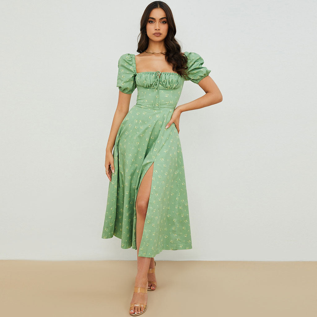 Wildflower Print Smocked Waist Puff Sleeve Square Neck High Slit Midi Dress