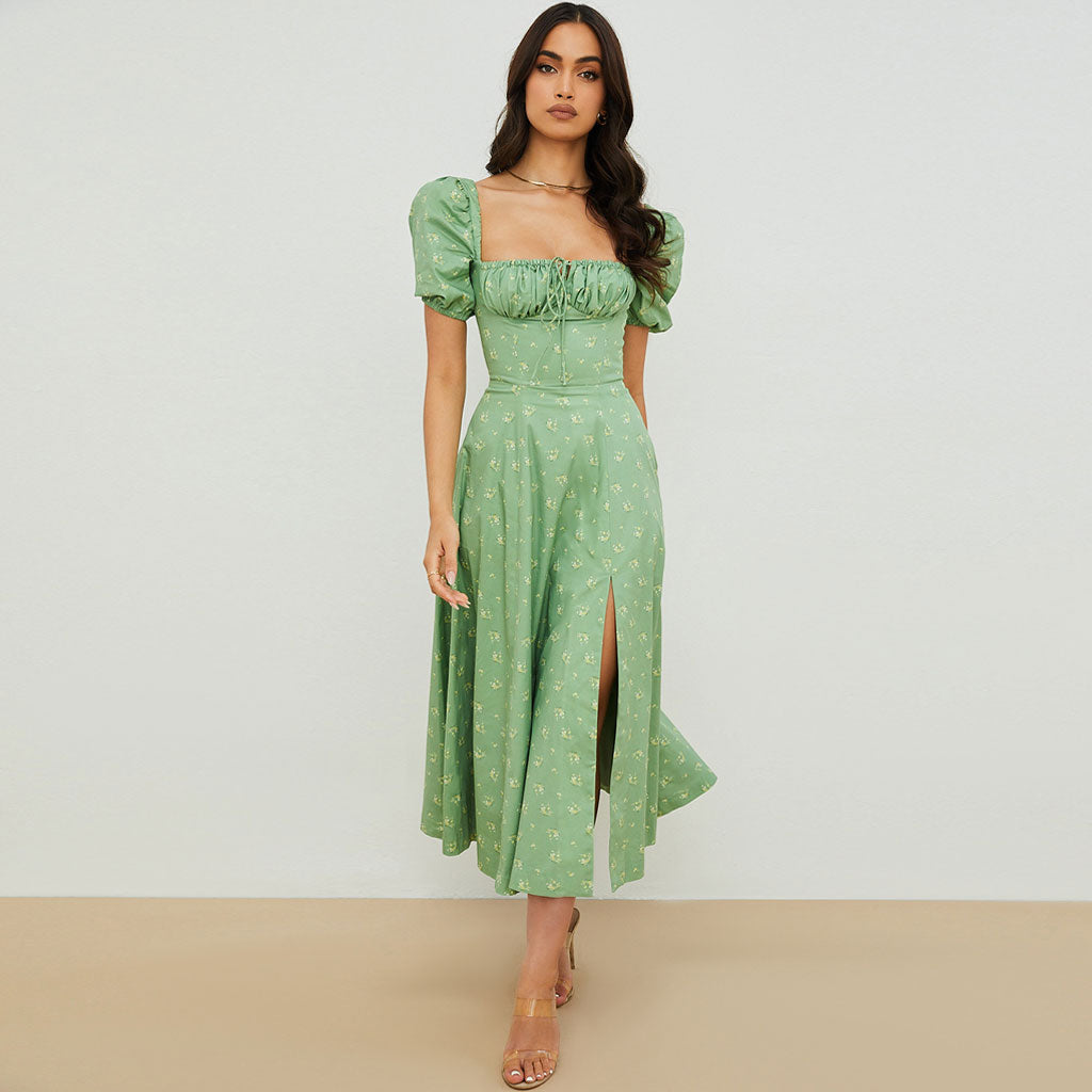 Wildflower Print Smocked Waist Puff Sleeve Square Neck High Slit Midi Dress
