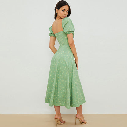 Wildflower Print Smocked Waist Puff Sleeve Square Neck High Slit Midi Dress