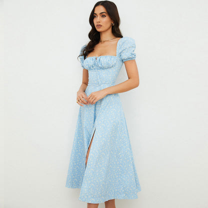 Ditsy Floral Square Neck Puff Sleeve Tie Front A-Line Midi Dress