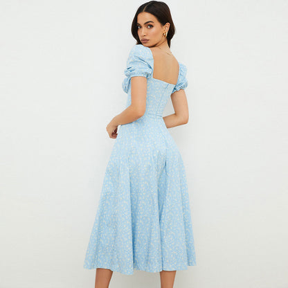 Ditsy Floral Square Neck Puff Sleeve Tie Front A-Line Midi Dress