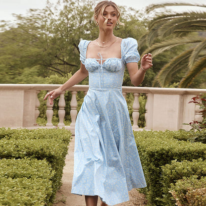 Ditsy Floral Square Neck Puff Sleeve Tie Front A-Line Midi Dress