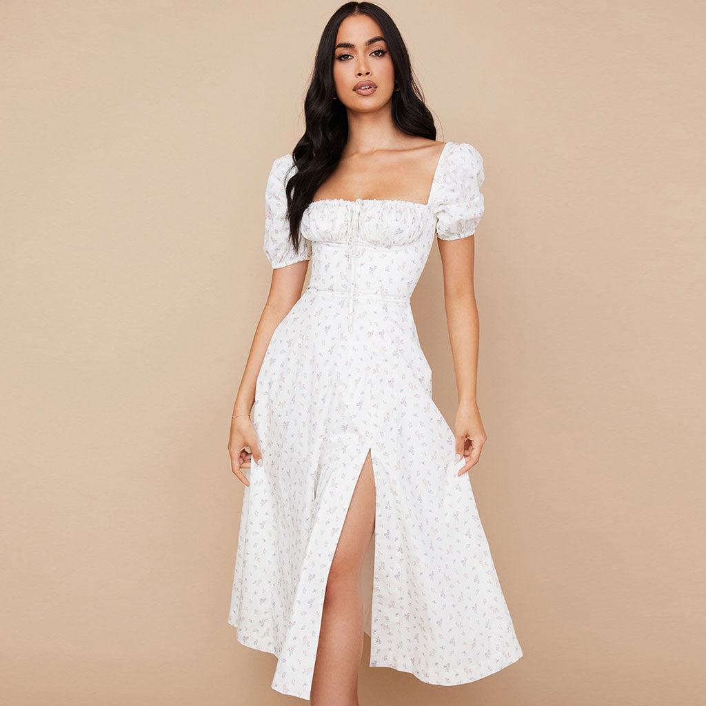 Ditsy Floral Smocked Puff Sleeve Square Neck Tie Front High Slit Midi Dress