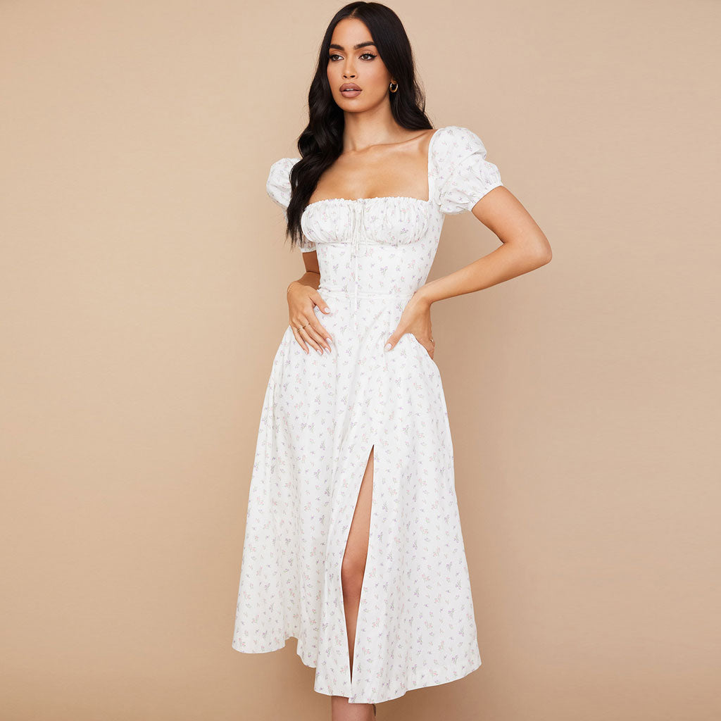 Ditsy Floral Smocked Puff Sleeve Square Neck Tie Front High Slit Midi Dress