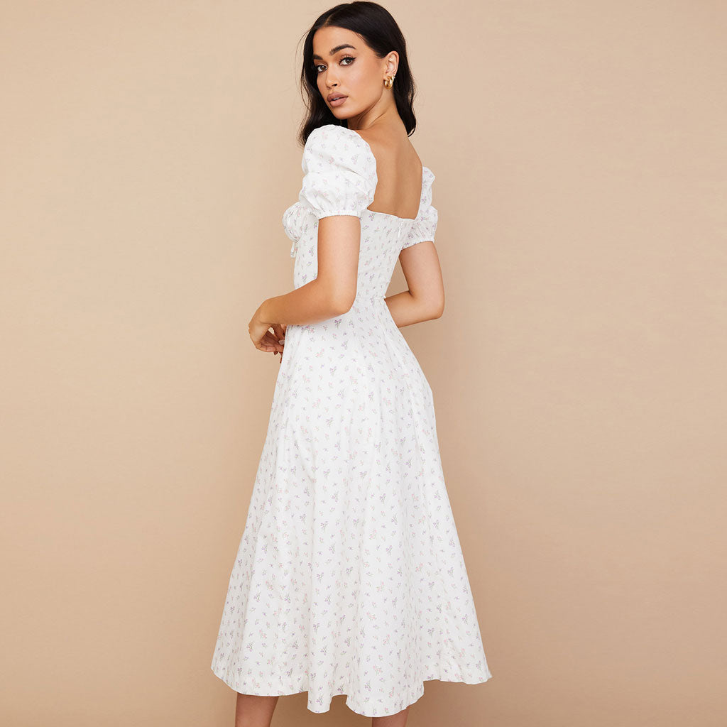 Ditsy Floral Smocked Puff Sleeve Square Neck Tie Front High Slit Midi Dress