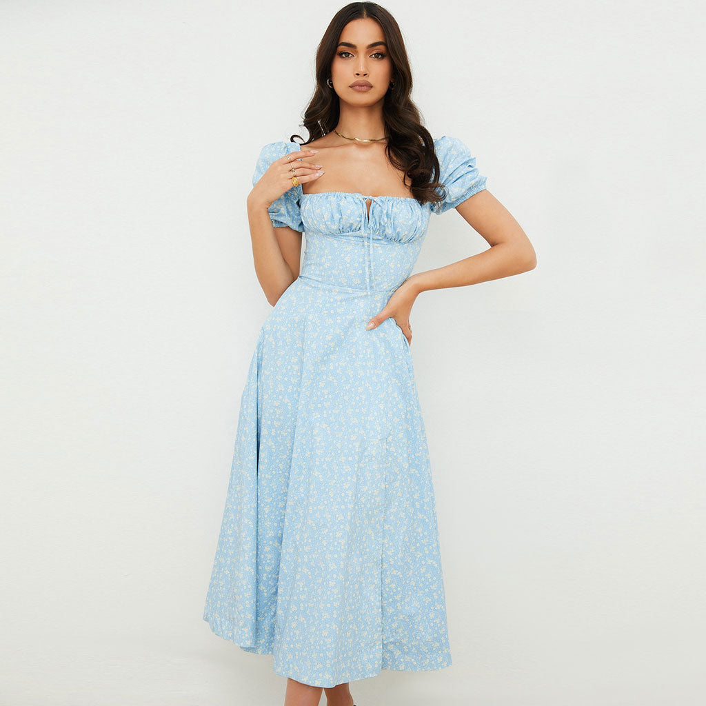 Ditsy Floral Square Neck Puff Sleeve Tie Front A-Line Midi Dress