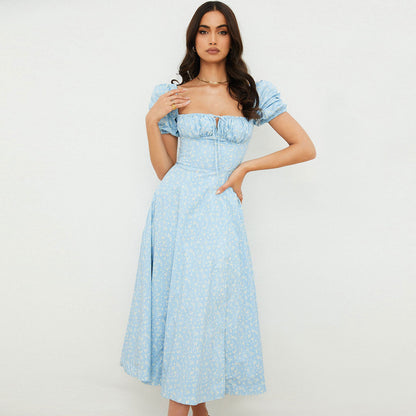 Ditsy Floral Square Neck Puff Sleeve Tie Front A-Line Midi Dress