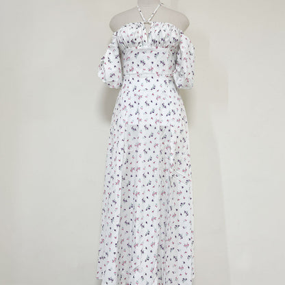 Ditsy Floral Smocked Puff Sleeve Square Neck Tie Front High Slit Midi Dress