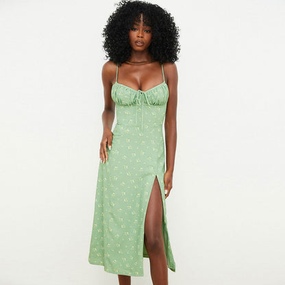 Ditsy Floral Print Tie Front Ruched Bust Spaghetti Strap High Slit Midi Dress
