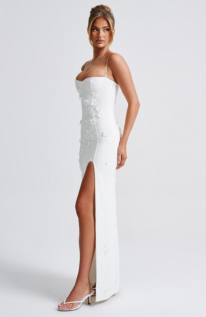Sweetheart Corset 3D Floral Applique High Slit Bodycon Maxi Gown