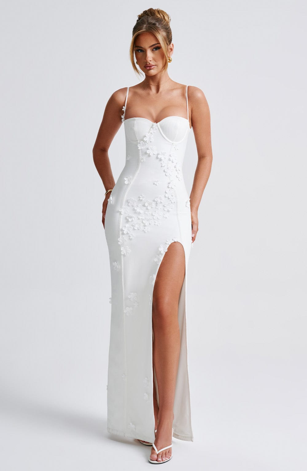 Sweetheart Corset 3D Floral Applique High Slit Bodycon Maxi Gown