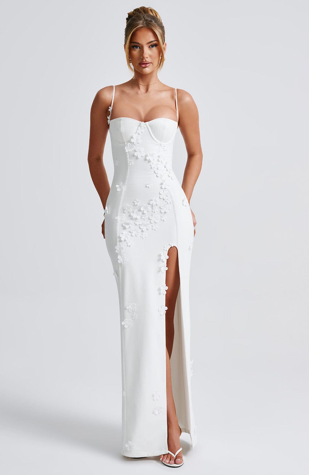 Sweetheart Corset 3D Floral Applique High Slit Bodycon Maxi Gown
