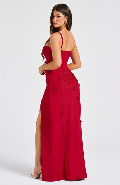 Sweetheart Corset 3D Floral Applique High Slit Bodycon Maxi Gown