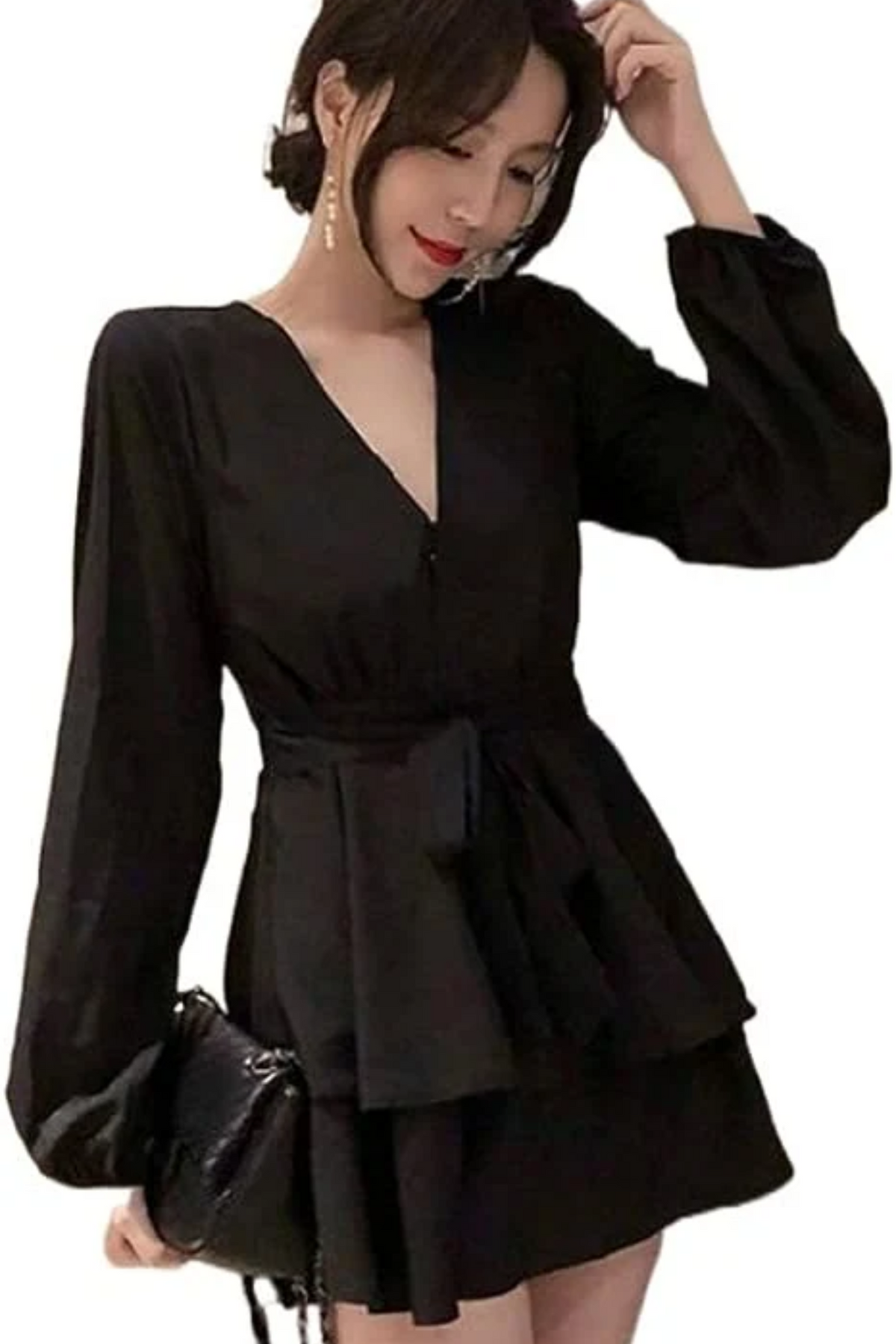 Wrap Front Deep V-Neck Bishop Sleeve Elastic Waist Tiered Flounce Mini Dress