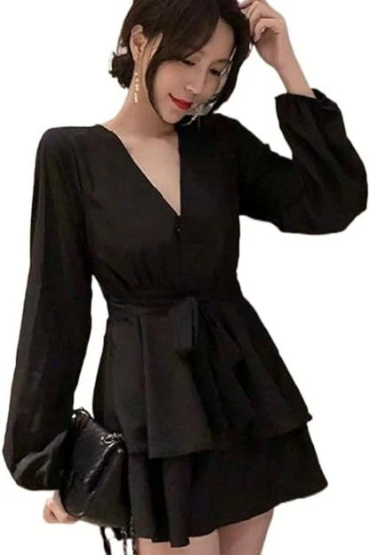Wrap Front Deep V-Neck Bishop Sleeve Elastic Waist Tiered Flounce Mini Dress