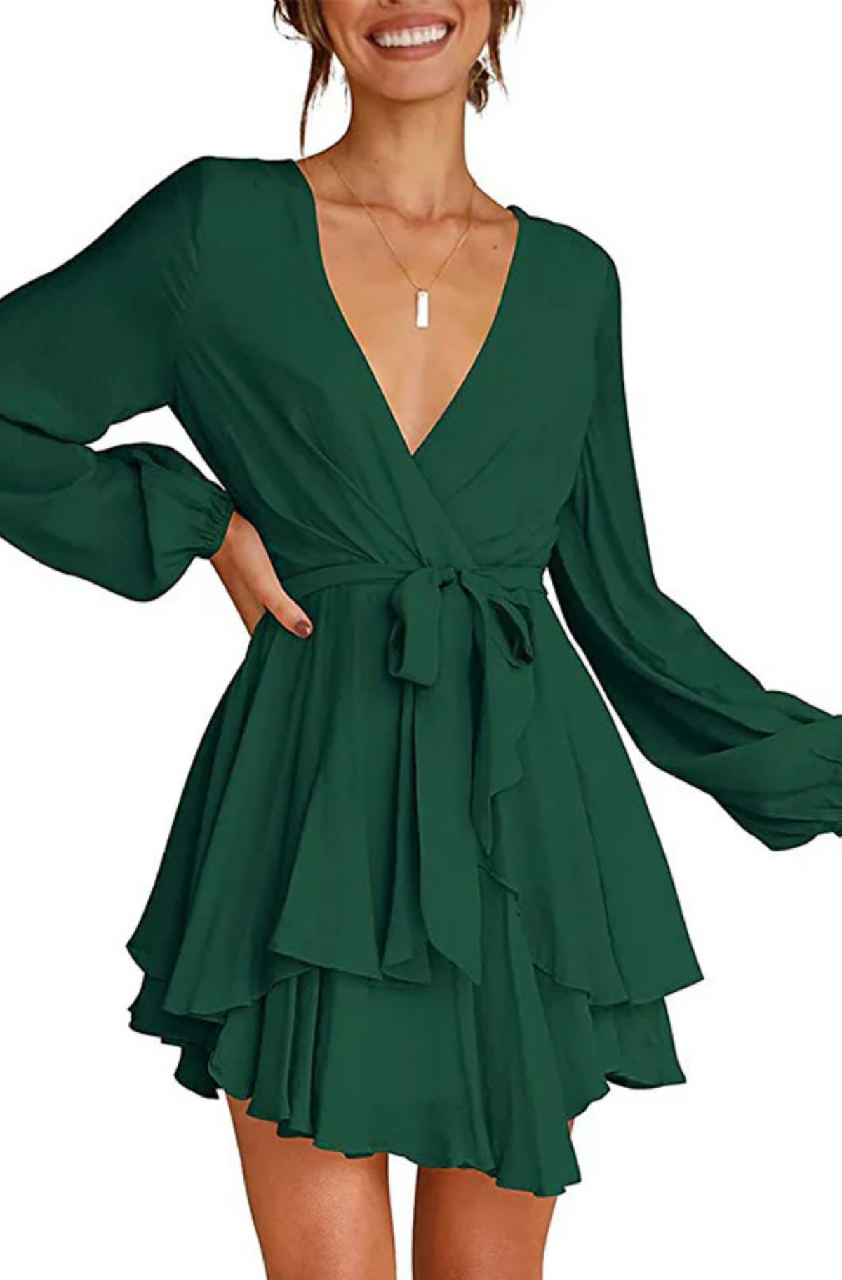 Surplice V-Neck Bishop Sleeve Cinched Waist Tiered Ruffle Mini Dress