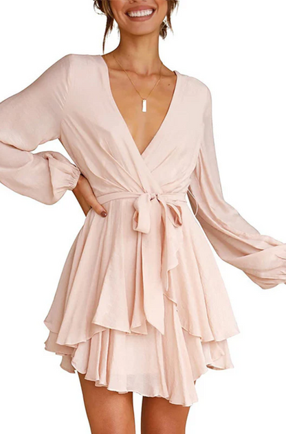 Wrap Front Deep V-Neck Bishop Sleeve Elastic Waist Tiered Flounce Mini Dress