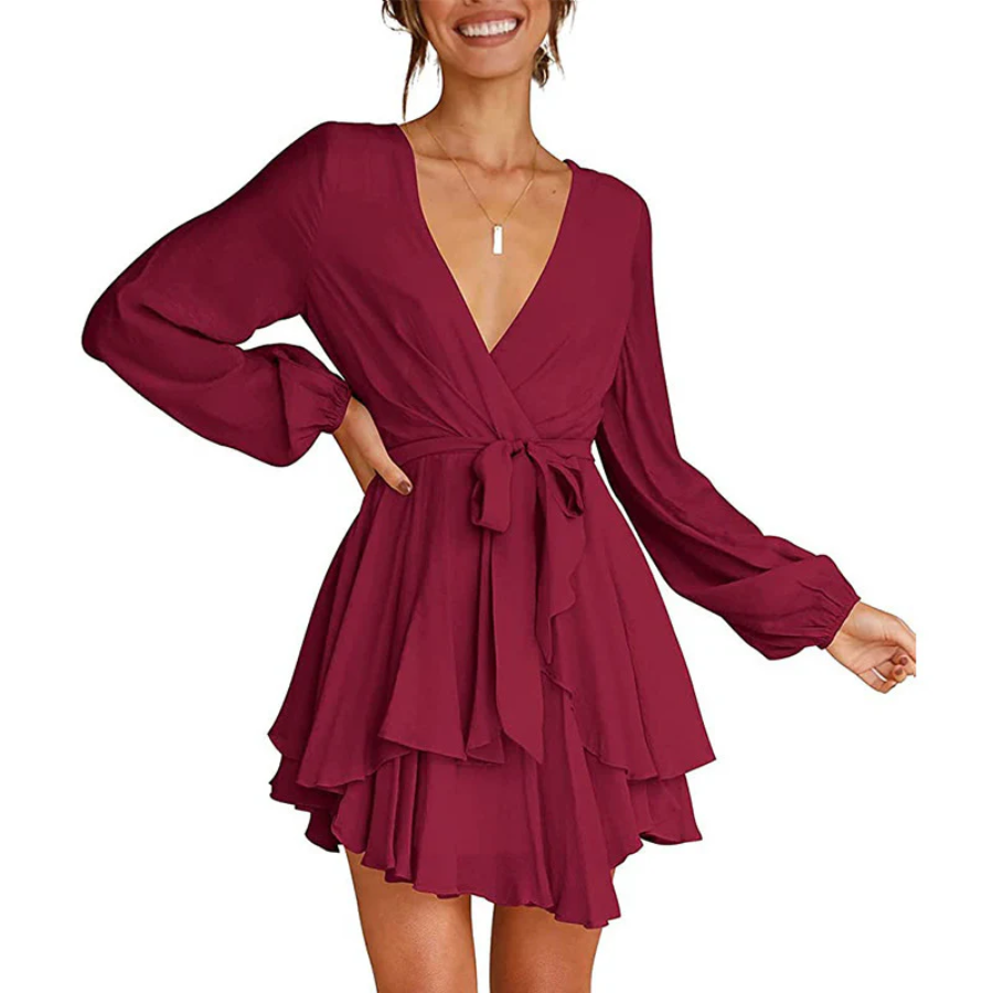 Surplice V-Neck Bishop Sleeve Cinched Waist Tiered Ruffle Mini Dress