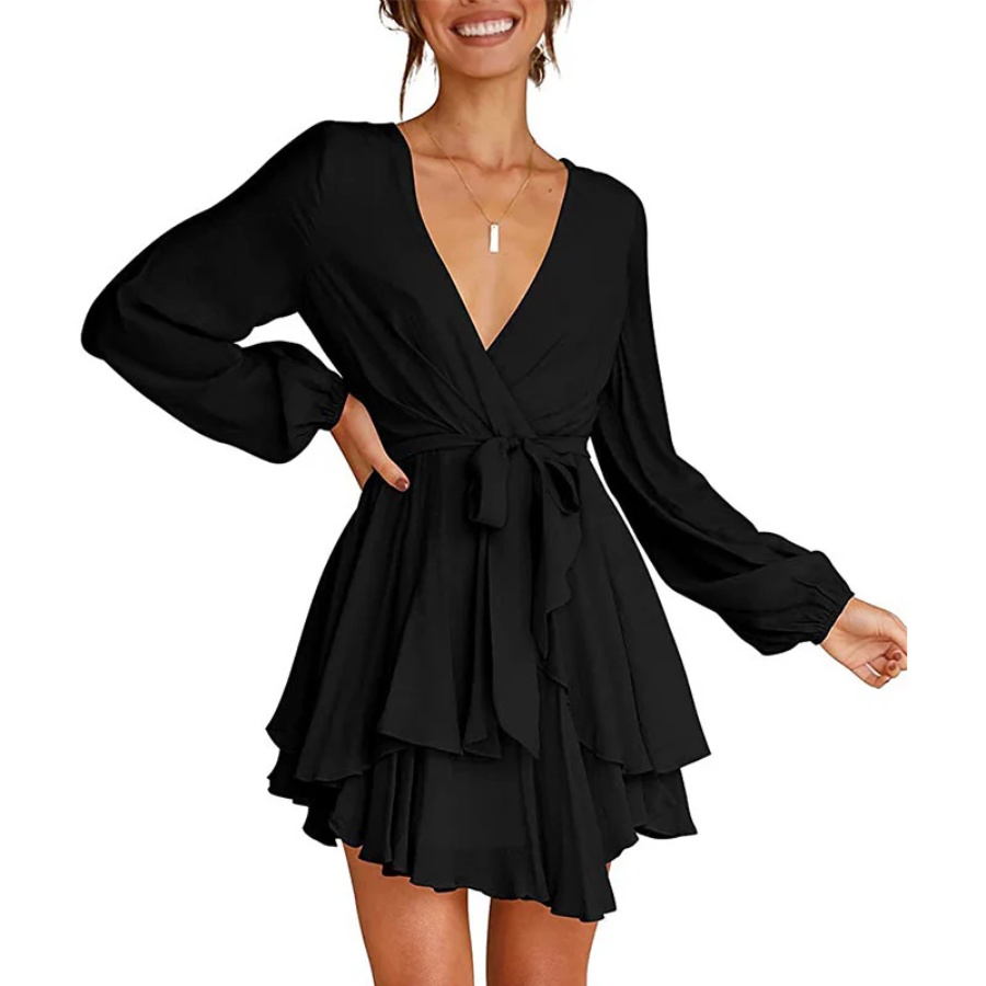 Wrap Front Deep V-Neck Bishop Sleeve Elastic Waist Tiered Flounce Mini Dress
