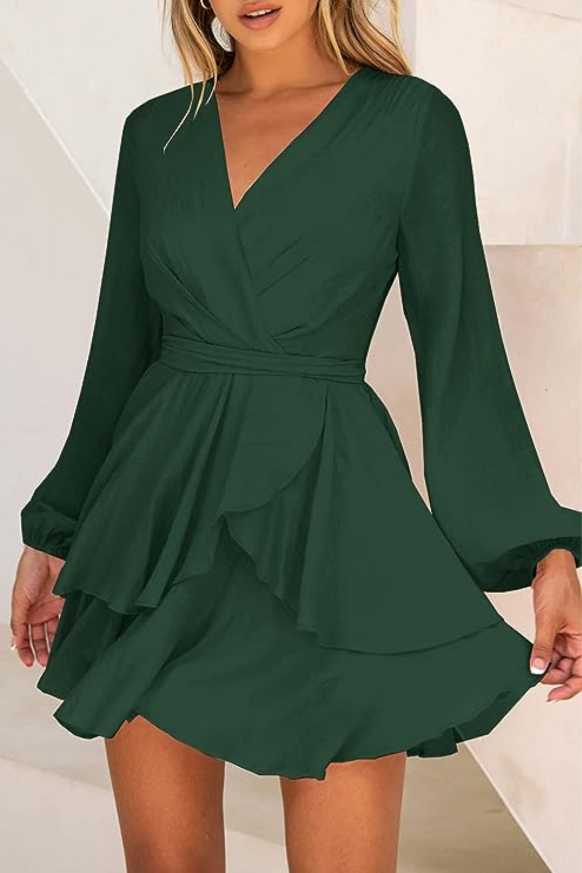 Surplice V-Neck Bishop Sleeve Cinched Waist Tiered Ruffle Mini Dress