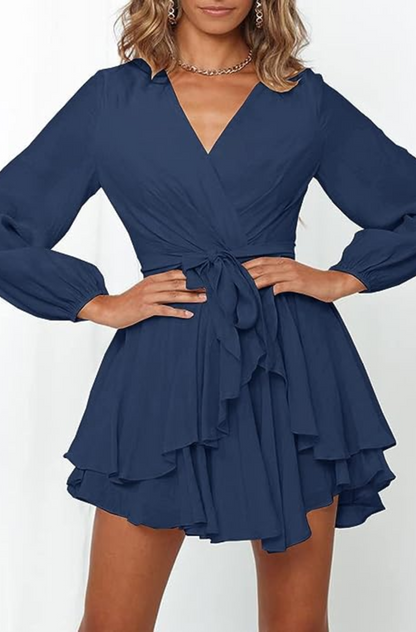 Wrap Front Deep V-Neck Bishop Sleeve Elastic Waist Tiered Flounce Mini Dress