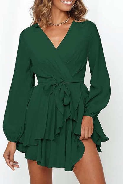 Wrap Front Deep V-Neck Bishop Sleeve Elastic Waist Tiered Flounce Mini Dress