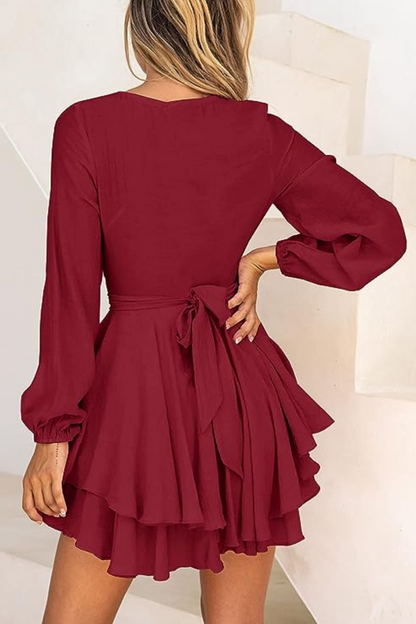 Wrap Front Deep V-Neck Bishop Sleeve Elastic Waist Tiered Flounce Mini Dress