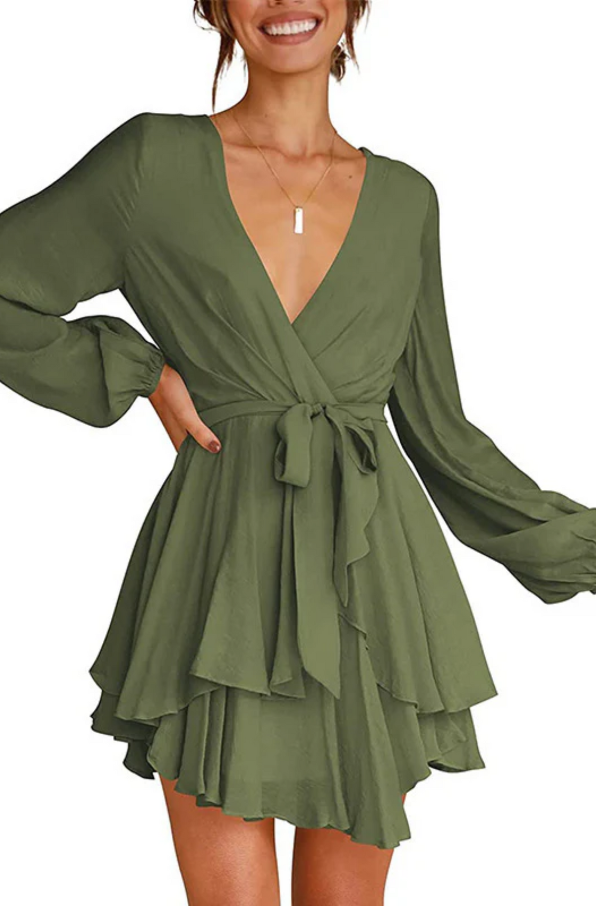 Wrap Front Deep V-Neck Bishop Sleeve Elastic Waist Tiered Flounce Mini Dress