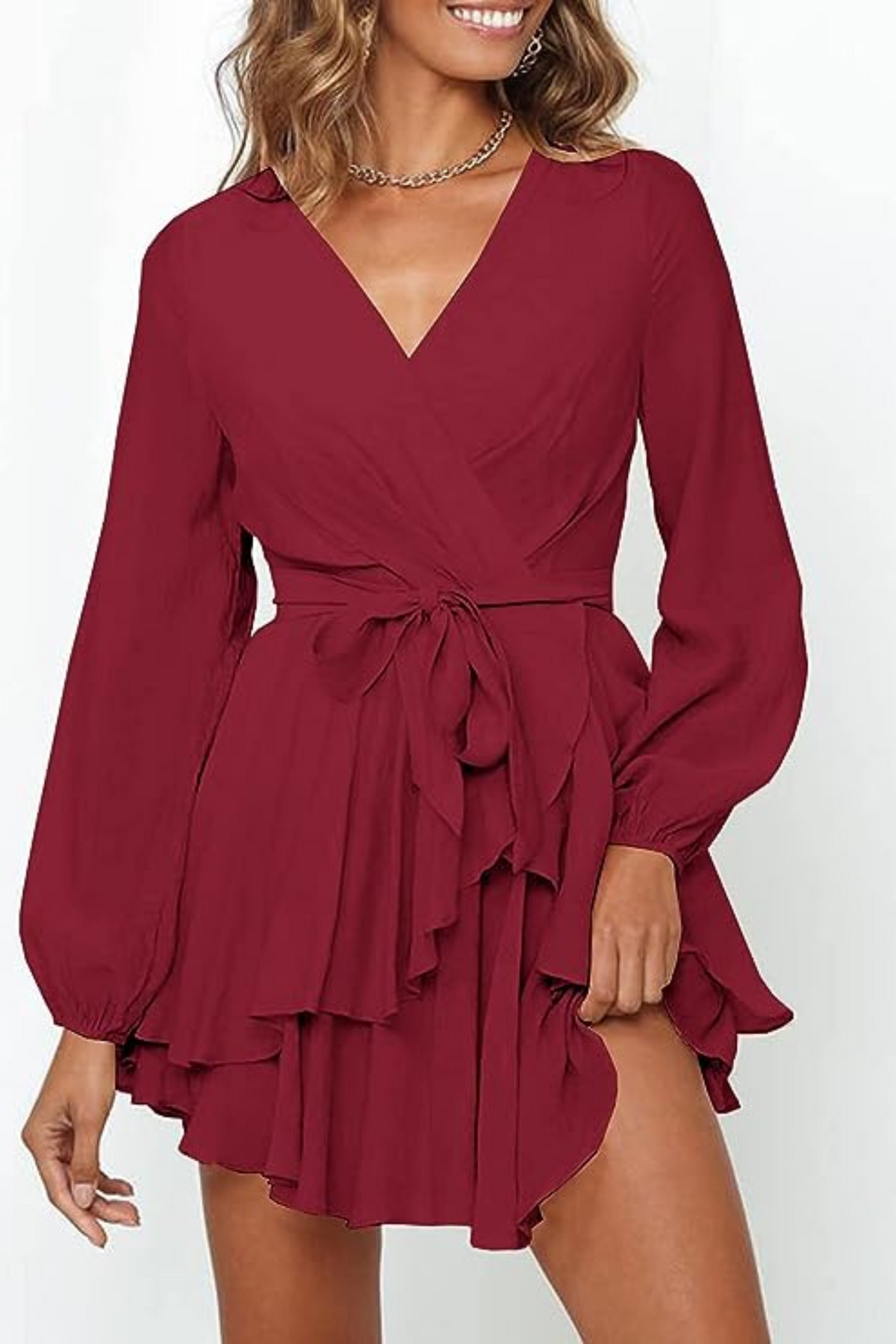 Surplice V-Neck Bishop Sleeve Cinched Waist Tiered Ruffle Mini Dress