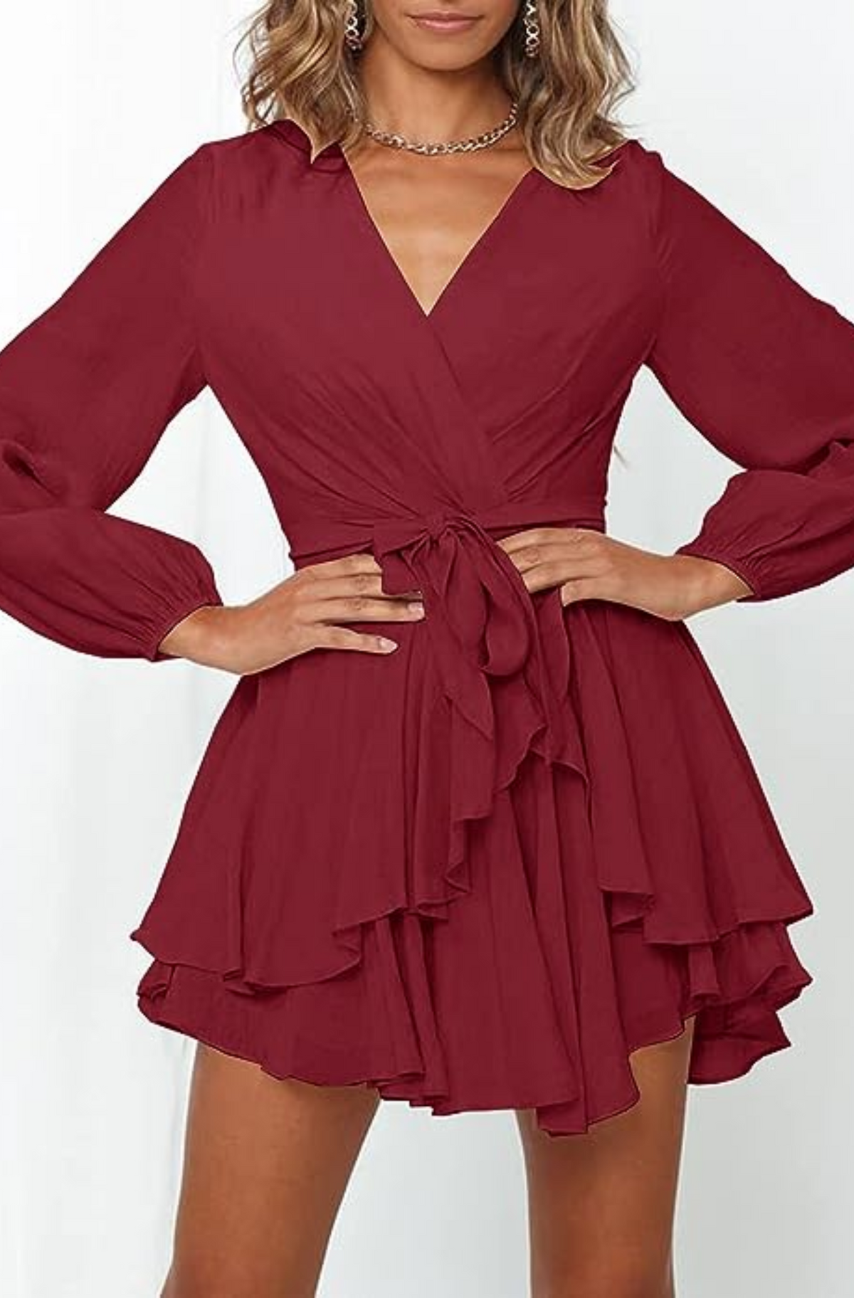Wrap Front Deep V-Neck Bishop Sleeve Elastic Waist Tiered Flounce Mini Dress