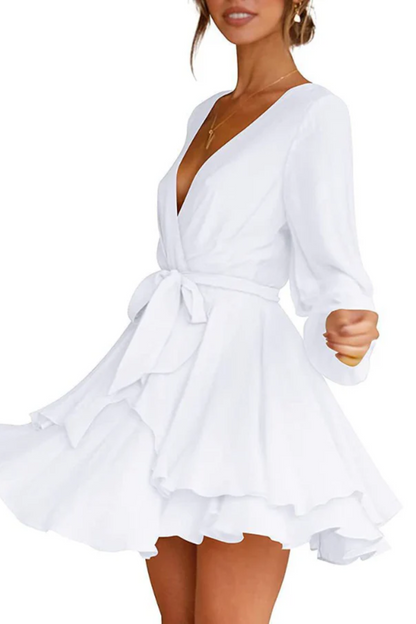 Wrap Front Deep V-Neck Bishop Sleeve Elastic Waist Tiered Flounce Mini Dress