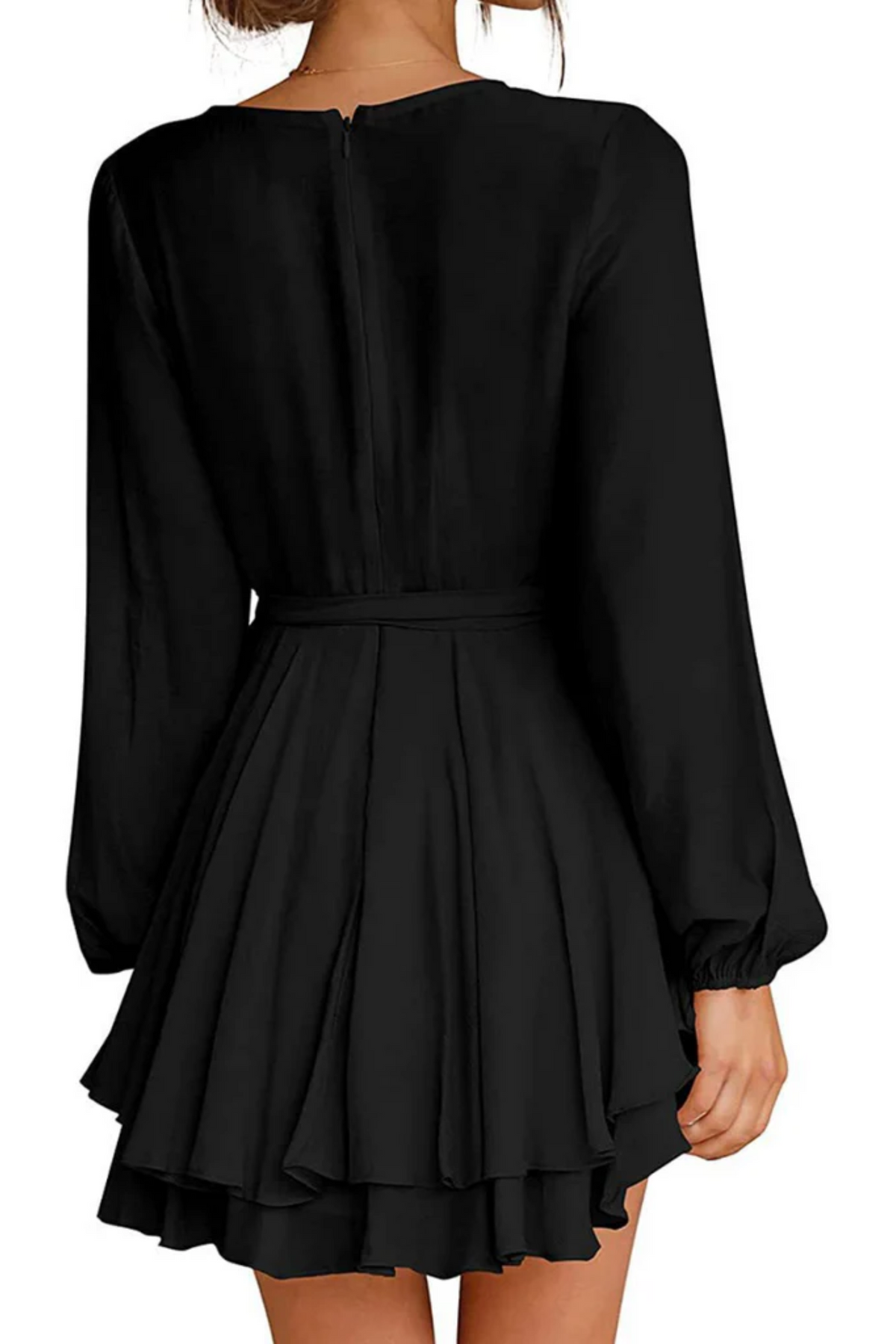 Wrap Front Deep V-Neck Bishop Sleeve Elastic Waist Tiered Flounce Mini Dress