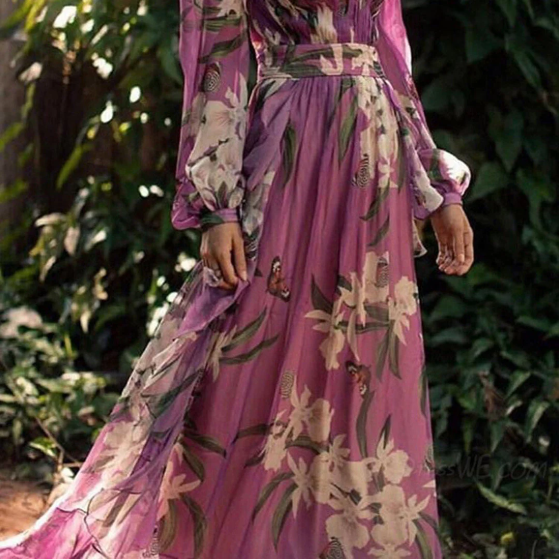 Deep V Neck Long Billowy Sleeve Butterfly Floral Print Maxi Gown