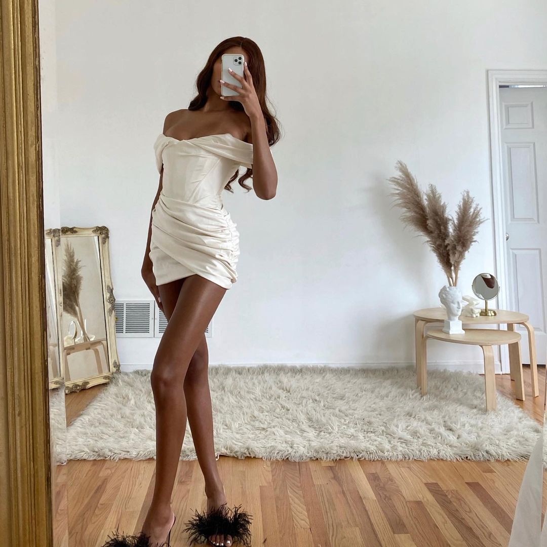 Off Shoulder Satin Ruched Bodycon Mini Dress