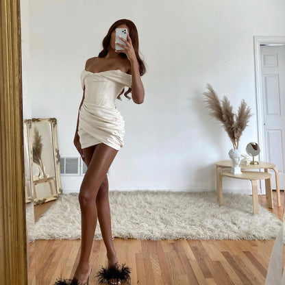Off Shoulder Satin Ruched Bodycon Mini Dress