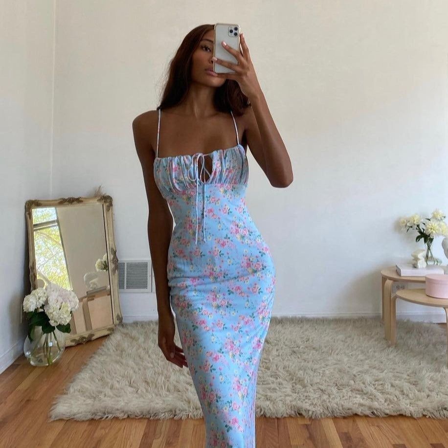 Ditsy Floral Print Square Neck Keyhole Tie Ruched Bust Bodycon Maxi Dress