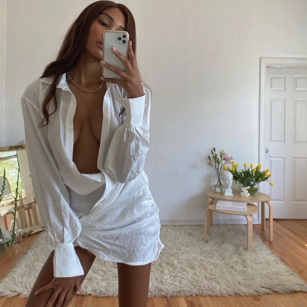 Collared Button Front Ruched Linen Shirt Mini Dress