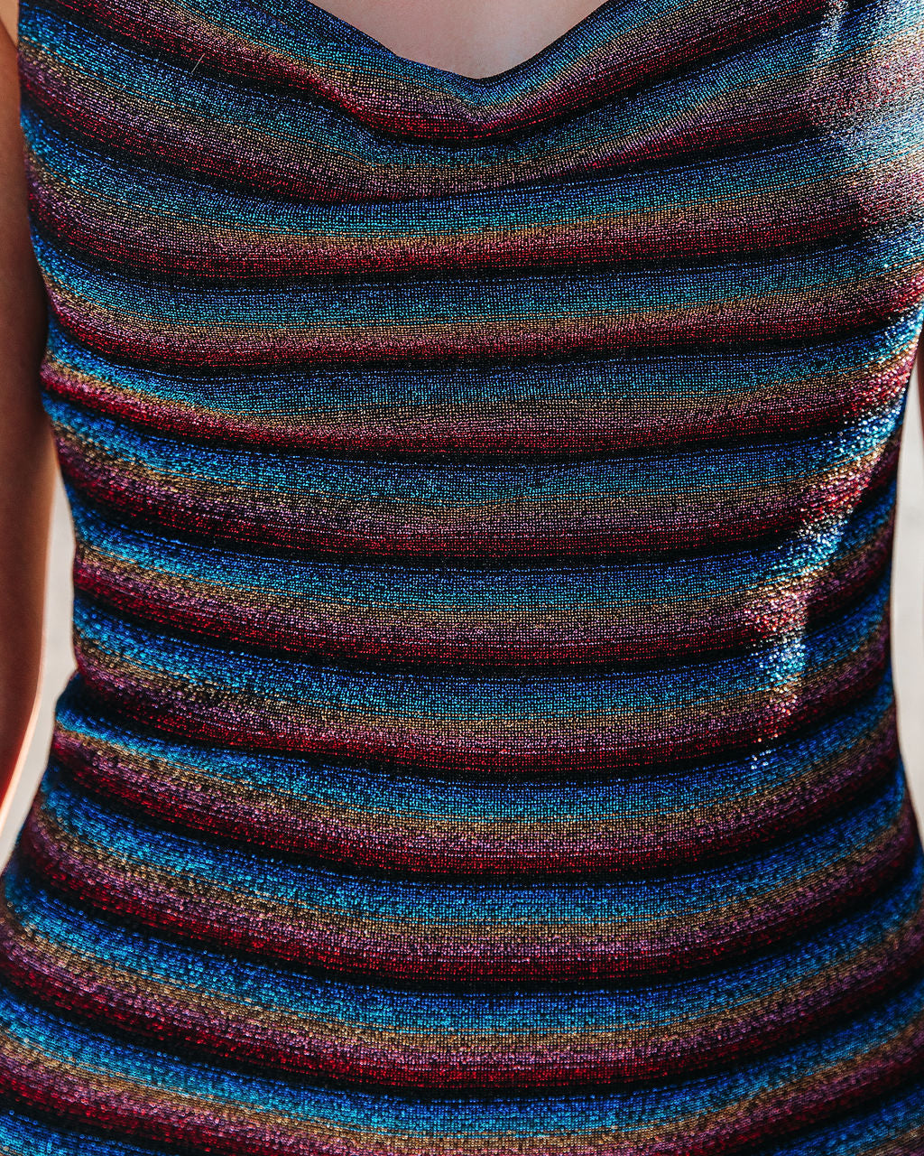 Cowl Spaghetti Strap Metallic Stripe Shimmer Mini Dress