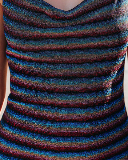 Cowl Spaghetti Strap Metallic Stripe Shimmer Mini Dress