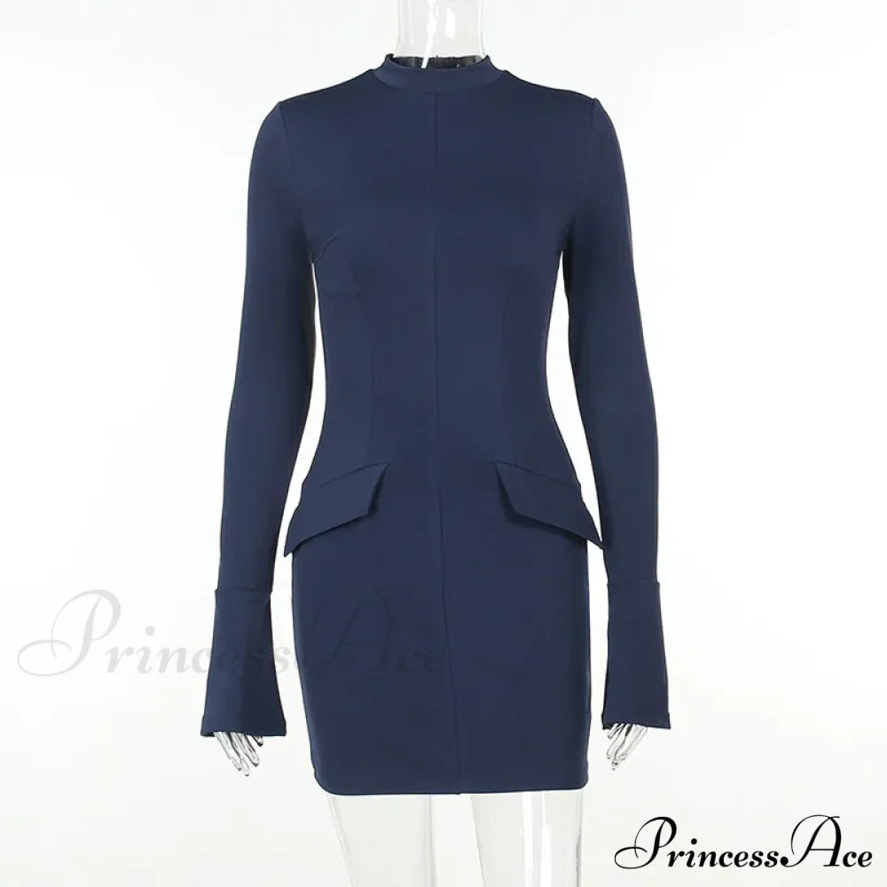Dark Blue Long Charming Sleeve Bodycon Mini Dress