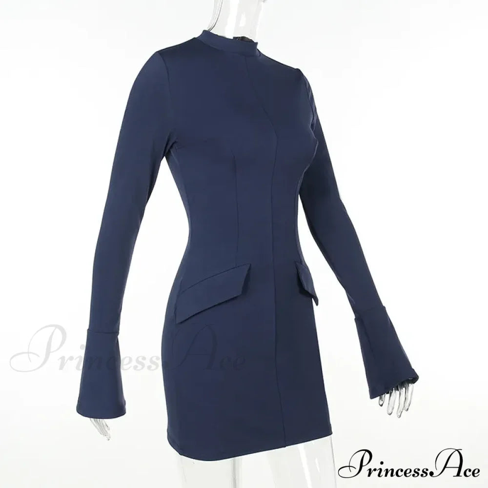 Dark Blue Long Charming Sleeve Bodycon Mini Dress