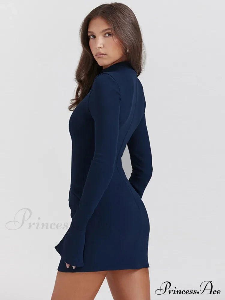 Dark Blue Long Charming Sleeve Bodycon Mini Dress