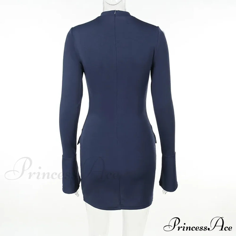 Dark Blue Long Charming Sleeve Bodycon Mini Dress