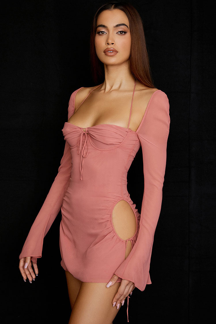 Halter Neck Ruched Drawstring Tie Long Sleeve Shrug Mini Dress