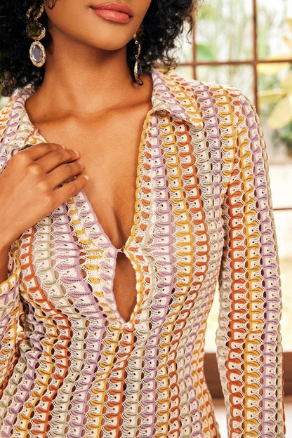 Crochet Collar Deep V-Neck Long Sleeve Open Knit Midi Dress
