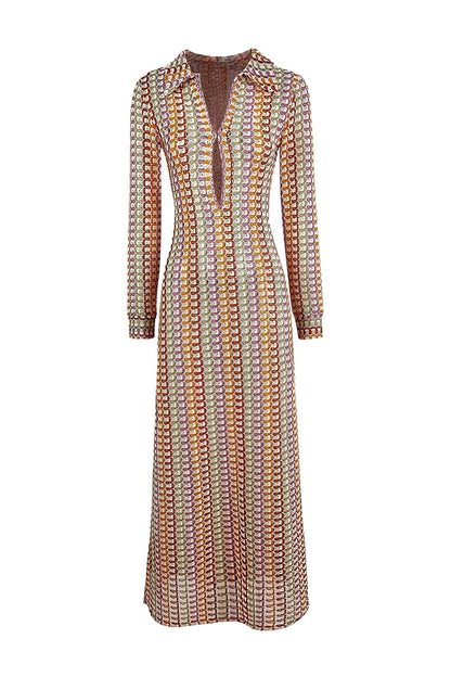 Crochet Collar Deep V-Neck Long Sleeve Open Knit Midi Dress