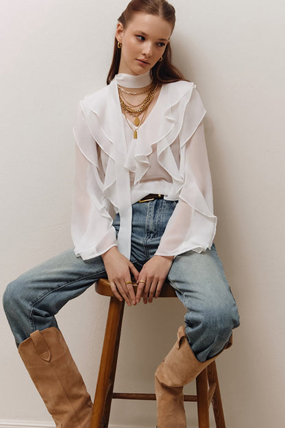 V Neck Ruffle Sleeve Blouse