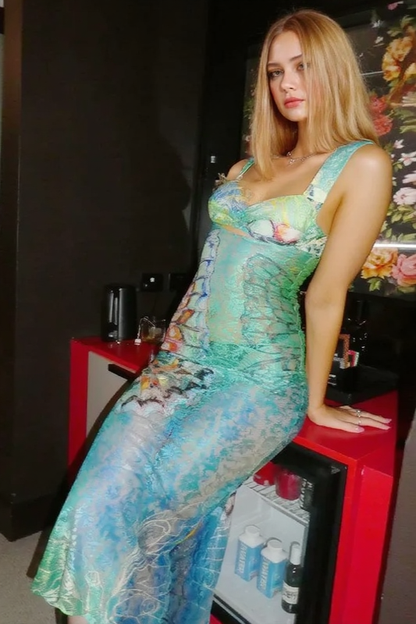Sweetheart Bust Cutout Butterfly Wing Graphic Maxi Dress