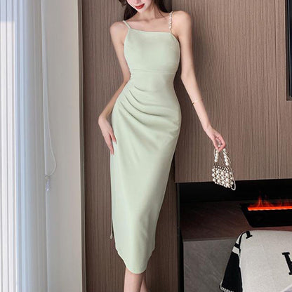 Asymmetric Pearl Strap Ruched Side Slit Bodycon Midi Dress
