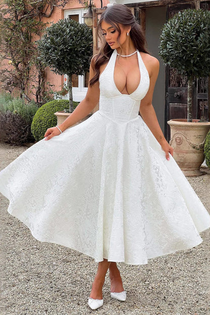Jacquard Halter V-Neck Party Dress